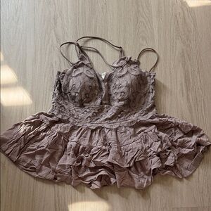 Elegant Lace Trimmed Brown Tank Top
